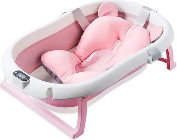 Foldable Baby Bathtub with Temperature Sensing, Collapsible Bath Tub - Pink