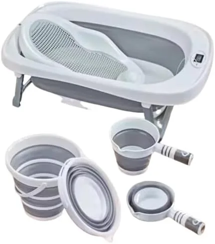The collapsible baby bathtub is designed to accompany your baby from newborn to toddler, cute and practical. The off-floor drain features an easy-pull rubber plug to simplify draining without moving the tub. It allows baby to have a comfortable and enjoyable bath. Product Name: Collapsible Baby Bathtub. Product material: PP+TPE. Unfolded dimensions: 26.3x16.5x8.26 inches. Product color: grey. Products include: 1*collapsible baby bathtub, 1*floating mat. Features: 1. The baby bath tub for newborn adopts an enlarged and widened e design, which is stable and has a strong load-bearing capacity. It allows the baby to enjoy a happy bathing time. 2. This baby bathtub with thermometer has an intelligent temperature sensing device, which can display the temperature in real time to prevent the baby from being scalded or catching cold. 3. This unique infant tub makes a thoughtful gift for any expecting couple. It is suitable for babies from 0-36 months. Please use under adult supervision. Do not leave the baby alone to avoid drowning.