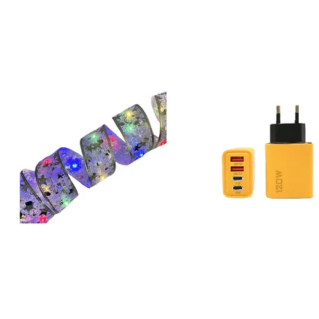 Silver ribbon Christmas tree lights + 120W Fast Charging multi-port charger