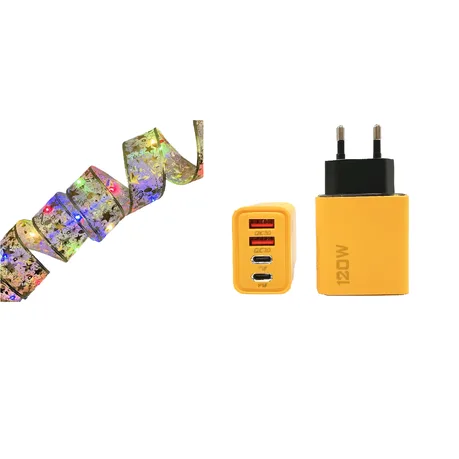 Gold ribbon Christmas tree lights + 120W Fast Charging multi-port charger