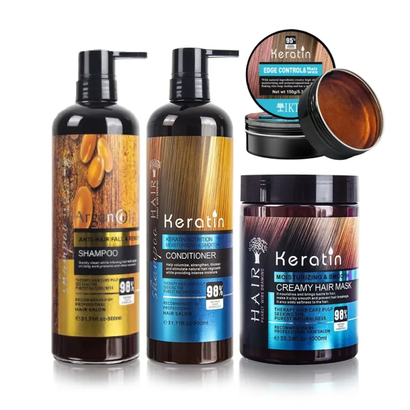 Keratin Anti-Breakage Hair Care Set (Conditioner, Mask & Edge Control) with Argan Oil Shampoo