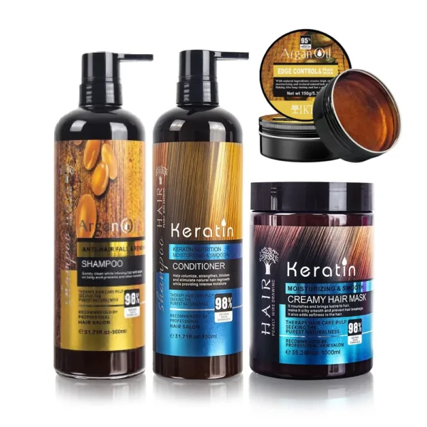 Keratin Anti-Breakage Hair Care Set (Conditioner & Mask) with Argan Oil Shampoo & Edge Control